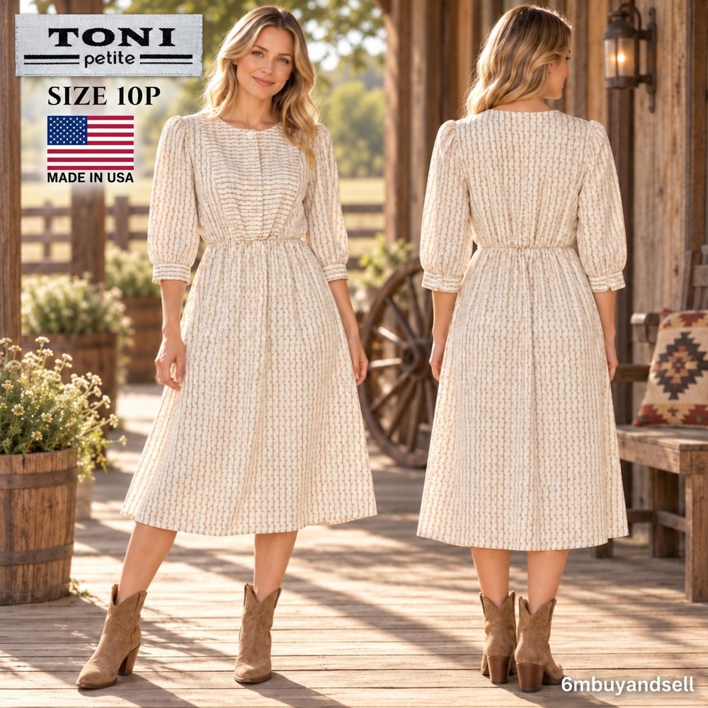 Toni Petite Vintage Tan Cream Geometric Stripe Midi Dress Size 10P Made in USA‎